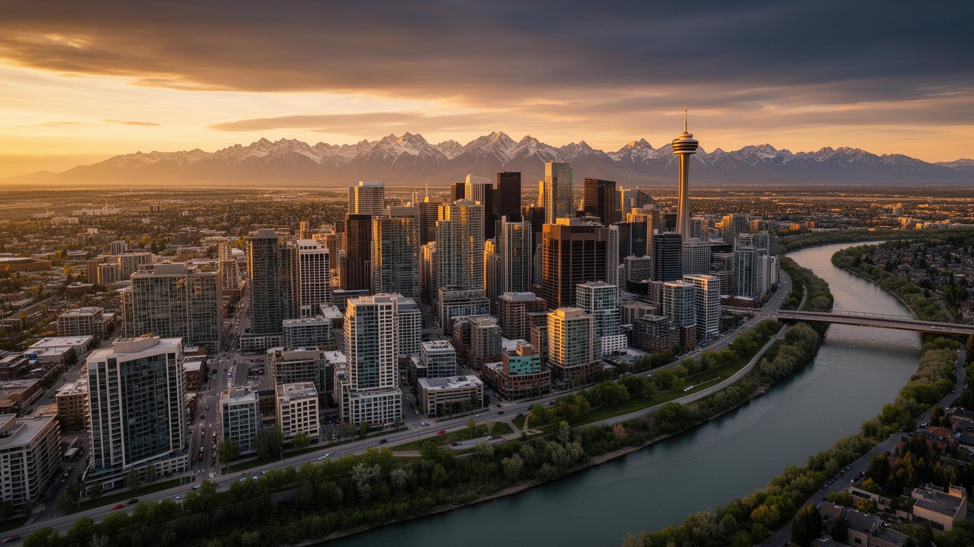 Aerial view of downtown Calgary skyline at golden hour